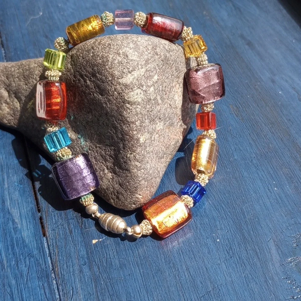 Colorful Silver foil glass art beads with square crystals, silver beads
